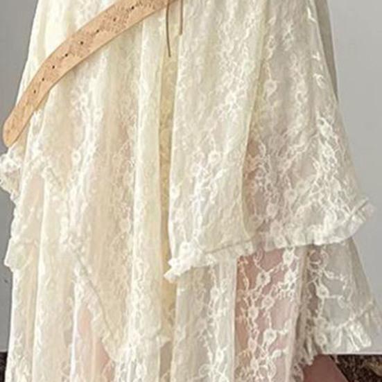 Ретро-юбка с эластичной высокой талией, кружевная юбка нестандартного дизайна, длинная юбка-миди во французском стиле с вышитым кружевом и цветочным узором