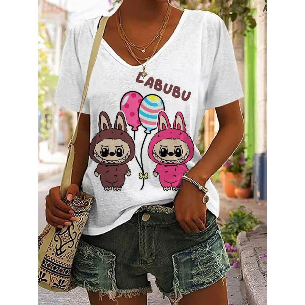 Женская хлопковая футболка с коротким рукавом Labubu, летний тренд 2025, с рукавом до локтя, в стиле Ins, универсальная уличная одежда