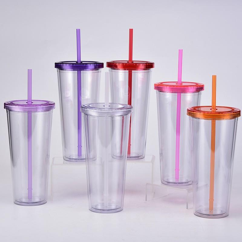 700ml Straw Cup, Simple Summer Juice Beverage Cup, Household Transparent Double-layer Plastic Cup