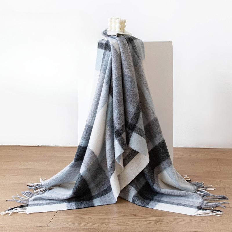 Pure Wool Scarf Women's Autumn and Winter New Versatile Warm Scarf Blue and Gray Large Plaid Shawl