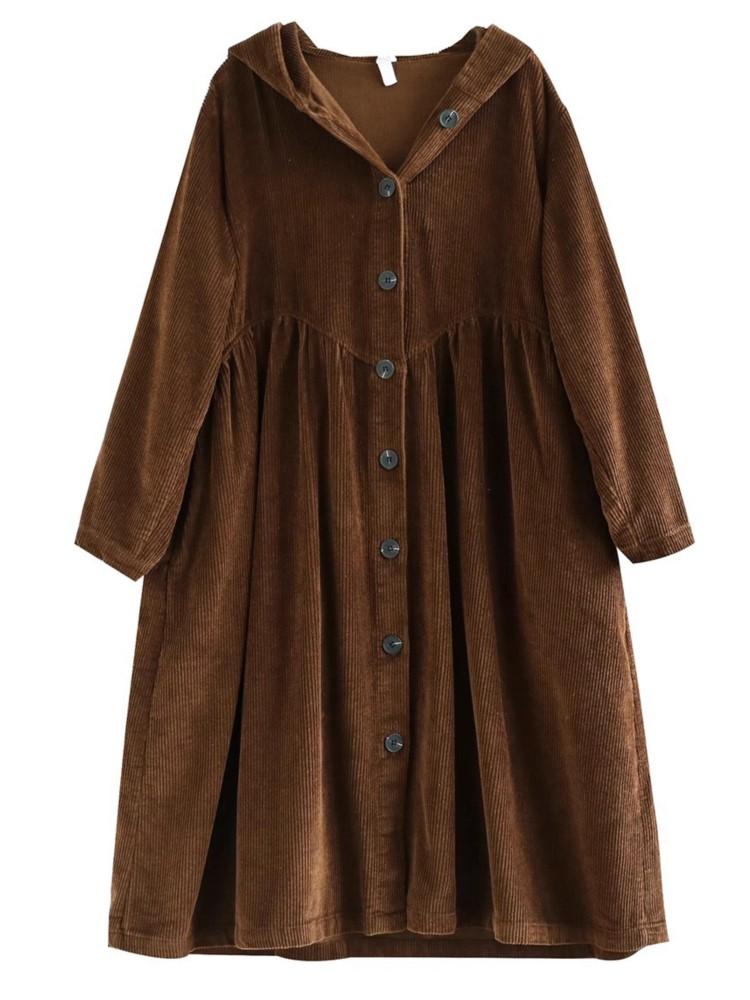 Johnature Женский винтажный вельветовый плащ с капюшоном и пуговицами, однотонное теплое пальто с длинным рукавом