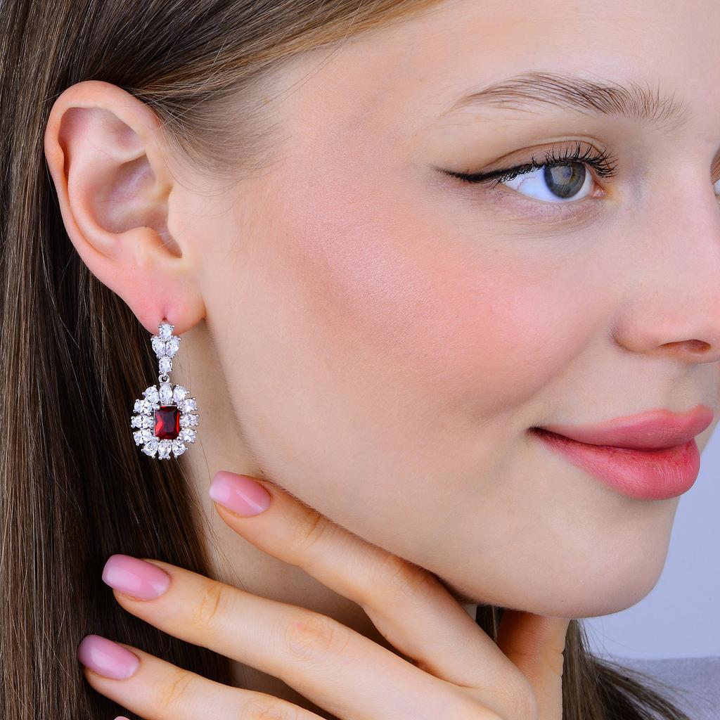 Комплект серебряных украшений с рубиновым камнем, серьги, кольцо, ожерелье с фианитами, комплект ювелирных украшений для женщин, комплект серебряных украшений на каждый день