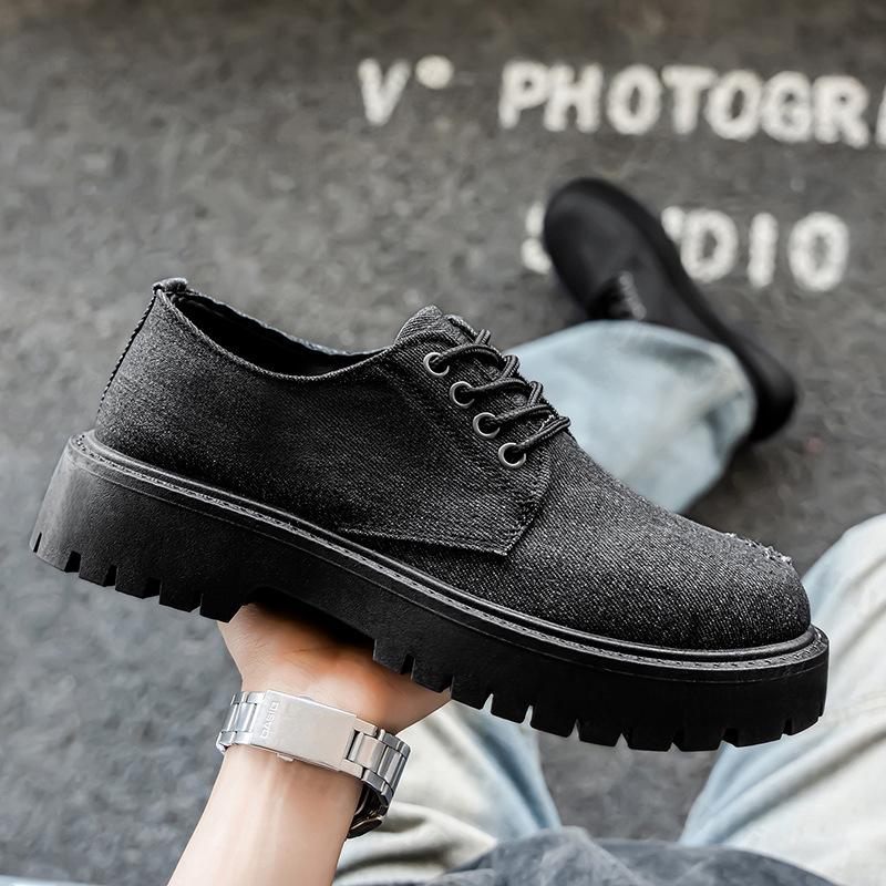 Модная мужская парусиновая кожаная обувь 2025 Осень Повседневные лоферы На шнуровке Платформа Удобная Нескользящая Модная обувь Дерби Свадебная вечеринка