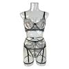Sexy Mesh Embroidery Lingerie Set with Eyelash Lace and Garter Belt