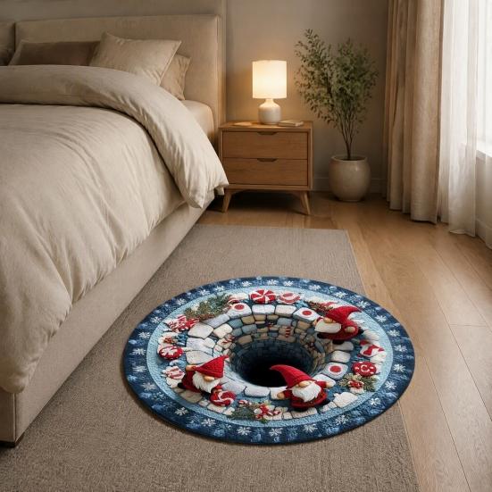 Non Slip Holiday Floor Mat Christmas Round Area Rug, 3D Optical Illusion with Santa Candy Cane Comfortable Study Room Print, Non-Slip Stain Resistant