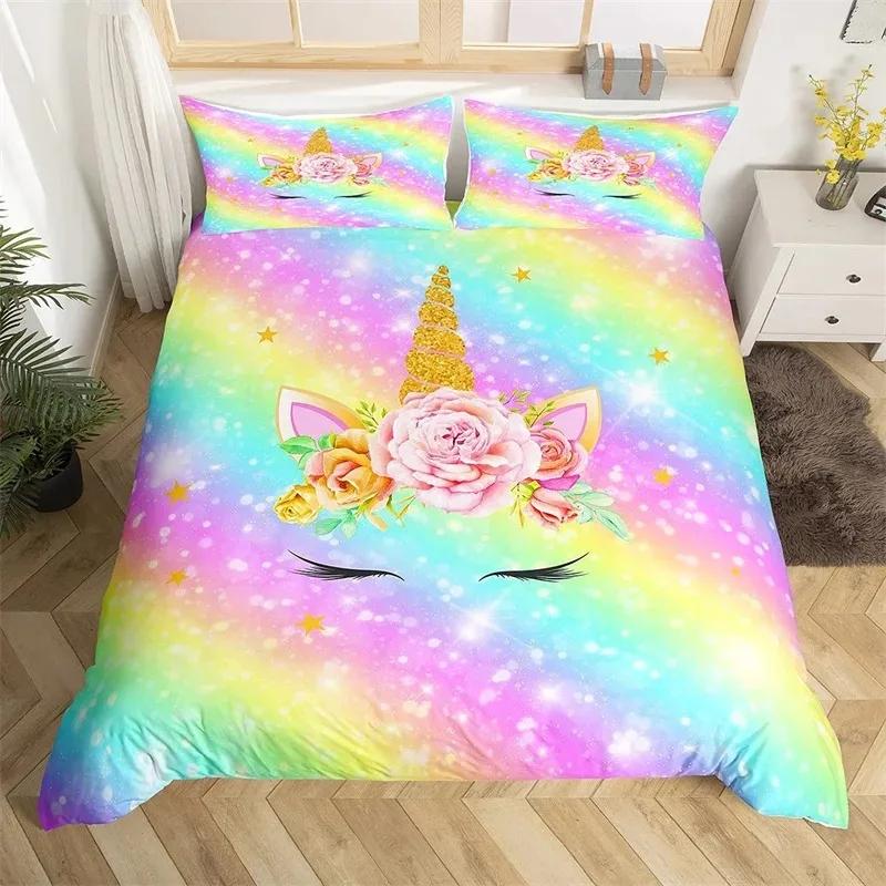 Cartoon Unicorn Duvet Cover Twin King Smiling Eyelash Rainbow Bedding Set For Kids Girls Microfiber Magical Animal Quilt Cover