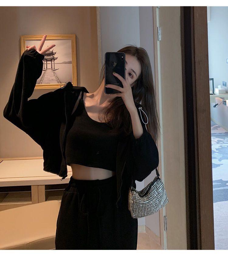 Women's Spring 2025 Three-Piece Tracksuit: Simple Hooded Jacket & Long Pants Set, Long-Sleeved Design