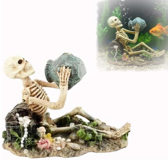 Aquarium Air Bubbler Decoration Adventure Skeleton Bubble Ornament Treasure Hunter Skeleton Resin Figurine for Fish Tank Landscape Decor