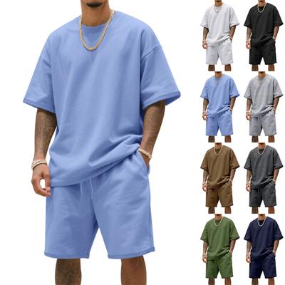 Мужской однотонный повседневный комплект из двух предметов с круглым вырезом и короткими рукавами