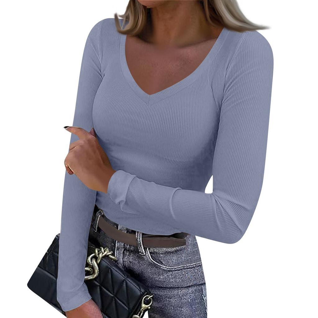 Женская и зимняя футболка с тонким низом, модный повседневный однотонный свитер с V-образным вырезом и длинным рукавом