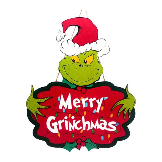 Christmas Hanging Sign Wooden Seasonal Door Wall Sign Santa Hat Green Elf Holiday Decor