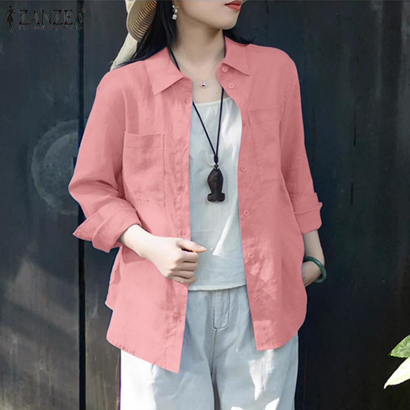 ZANZEA Women Casual Turn Down Collar Solid Color Long Sleeve Button Blouse