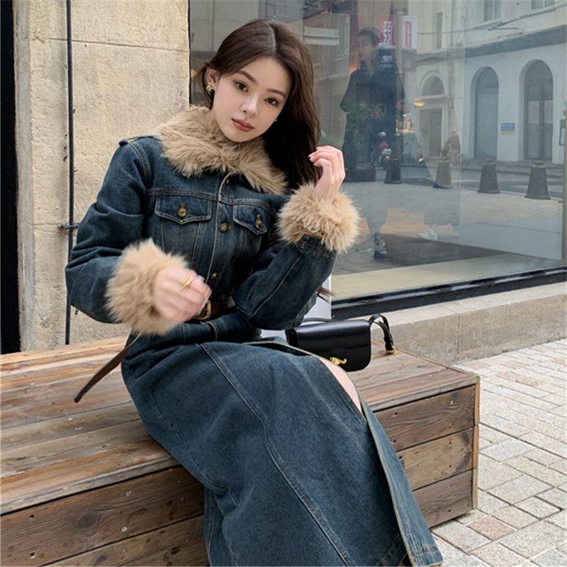 Зимнее новое платье из утолщенного хлопкового денима с воротником-стойкой, женское длинное повседневное пальто в стиле ретро