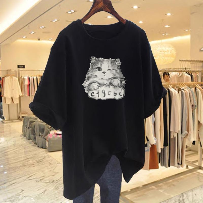 Женская летняя свободная хлопковая футболка с мультяшным принтом кота