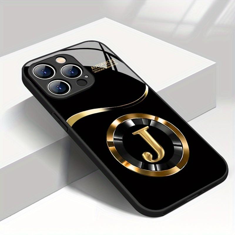 Чехол для телефона с узором из золотой буквы J Для iPhone 17 16 16e 15 14 13 12 Mini 11 Air Pro XS Max XR X Plus Стеклянная Силиконовая Рамка Чехол