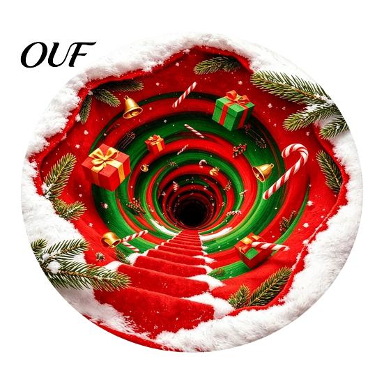 Christmas Party Supplies 3D Round Rug, Optical Illusion Area Santa Claus Deep Hole Floor Mat Prints, Non-slip Welcome Rug for Entrance Living