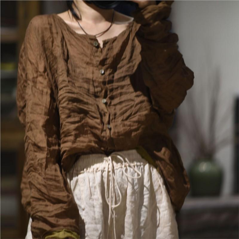 Johnature Woman Winter O-Neck Print Long Sleeves Shirt Fashion Vintage Chinese Style Single Breasted Shirt