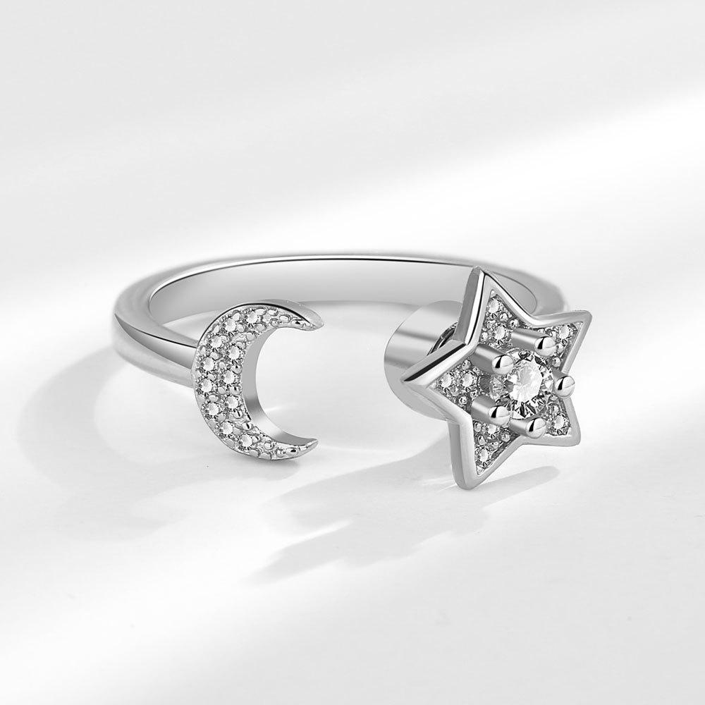 Rotating Star Moon Open Ring For Women Zircon Celestial Stress Relief Adjustable Band Fashion Jewelry Gift