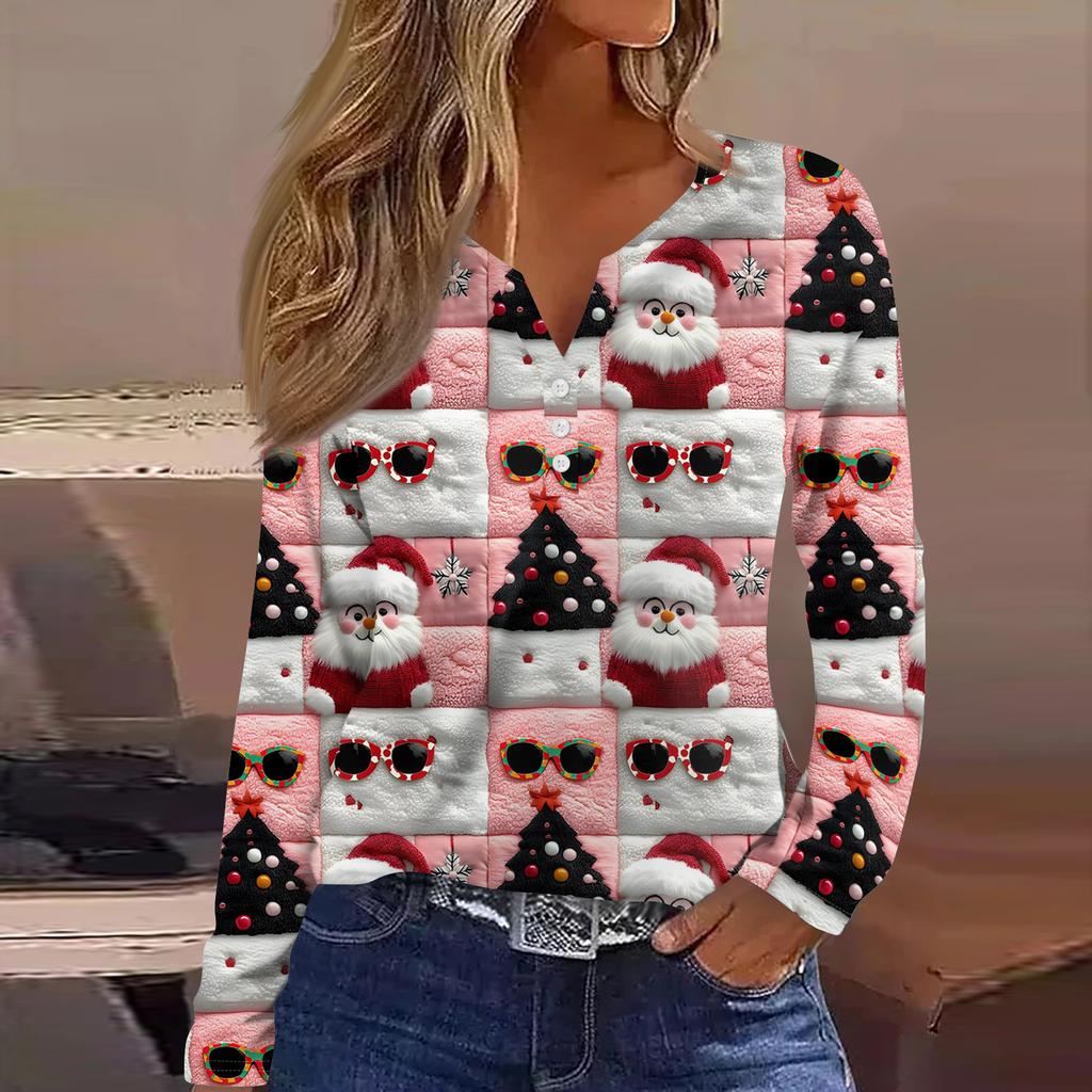 Женская модная повседневная футболка с V-образным вырезом, на пуговицах, с длинным рукавом, с рождественским принтом