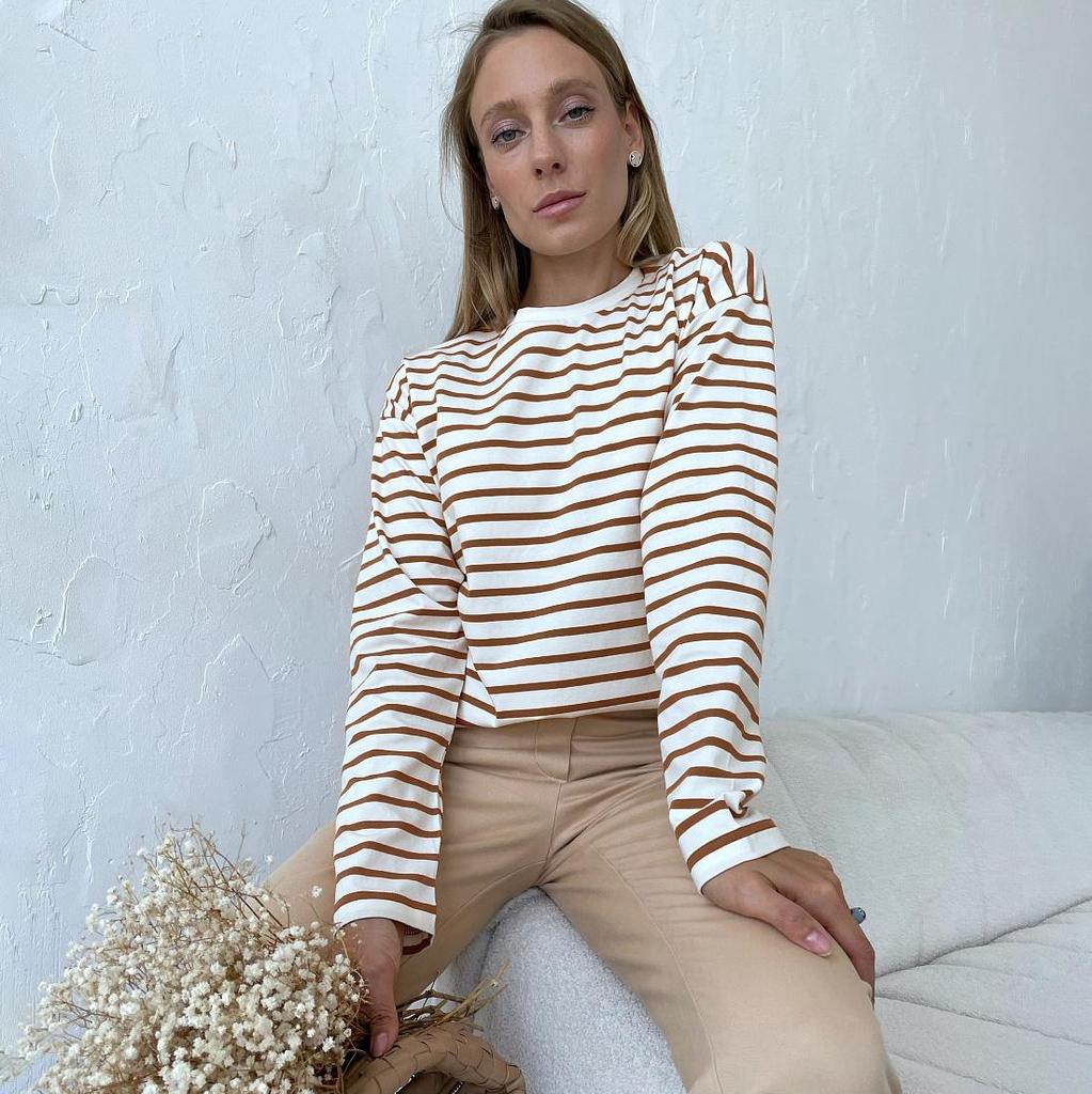 Летняя женская футболка с длинным рукавом и круглым вырезом в полоску