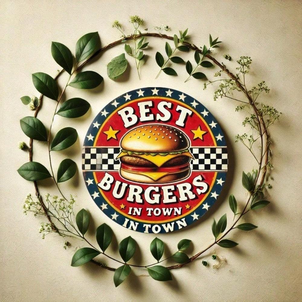 Vintage Retro Burger Metal Sign Best Burgers In Town Round Plaque Bar Cafe Kitchen Wall Decor