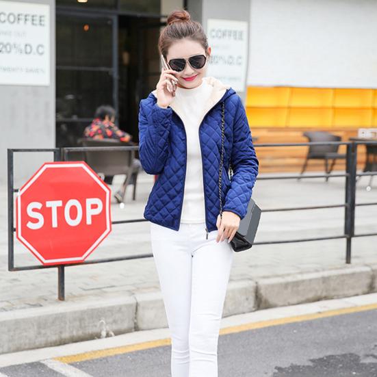 Winter Women Jacket Hooded Zip-up Long Sleeves Thick Plush Lined Solid Color