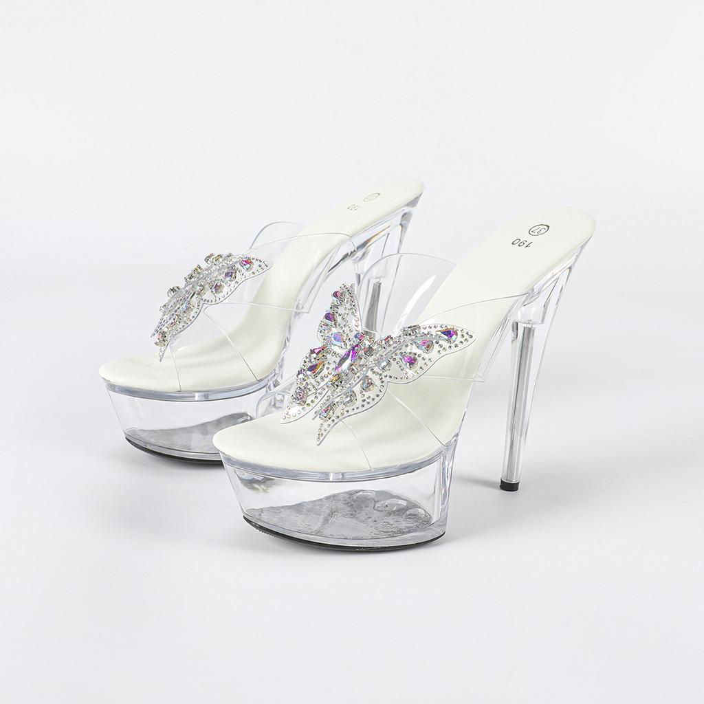 Стразы Сексуальные Высокие Каблуки 15СМ Тонкий Каблук Водонепроницаемые Тапочки на Платформе Прозрачные Хрустальные Туфли Свадебные Туфли Банкетные Высокие Каблуки