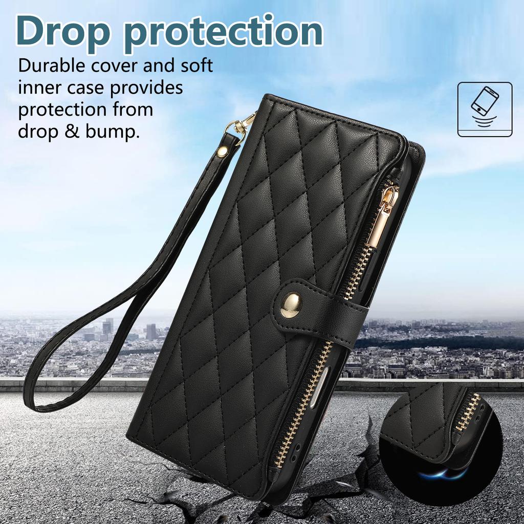 For iPhone 16 Case Multi Card Slots Zipper Rhombus Leather Phone Cover with Wrist Strap