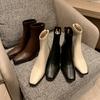 Korean Order Heavy Recommendation Temperament Brown Square Head Thick High Heel Elastic Short Boots Zipper Thin Women Single Boots
