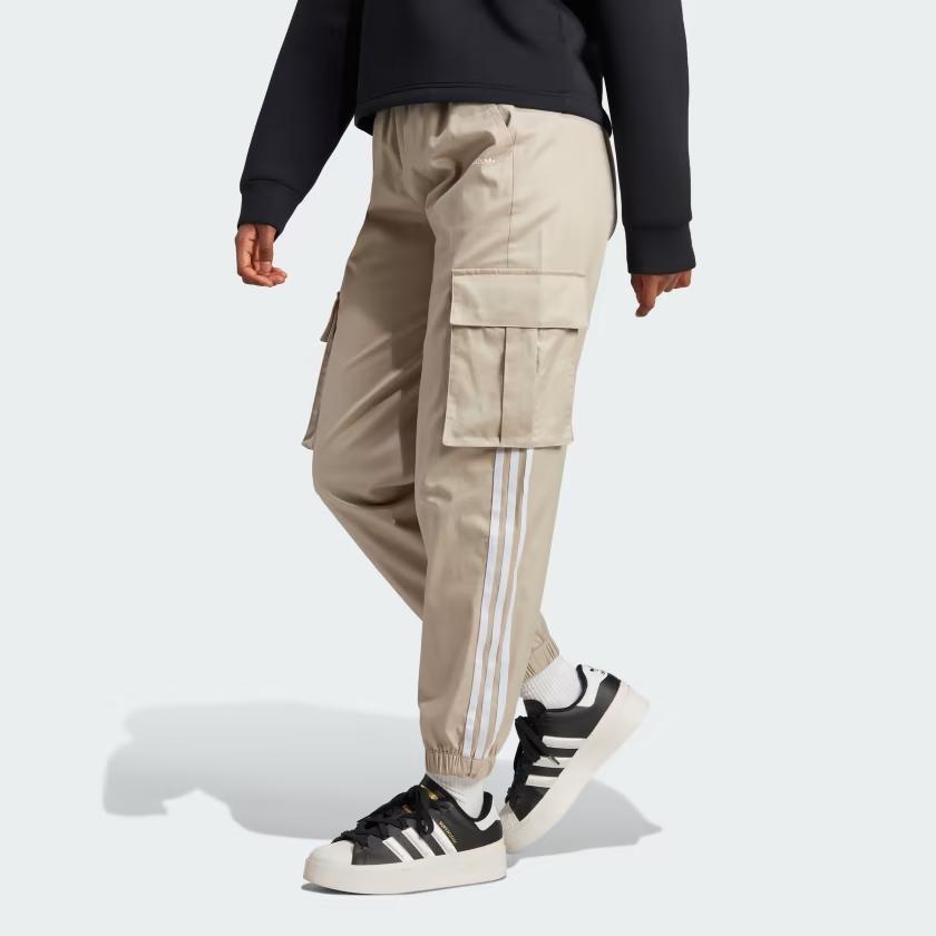 Adidas Originals Trefoil Cargo Pants With Three-Stripe Colorblock Pockets And Cuffed Knit Women Bottoms Beige IR9797