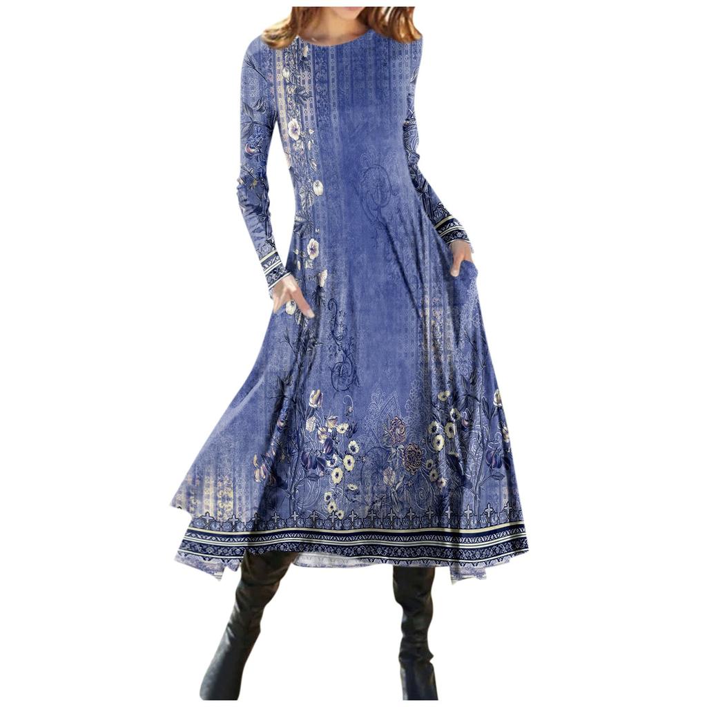 Women's Fashion Casual Printed Round Neck Pullover Slim Fitting Long Sleeve Dress