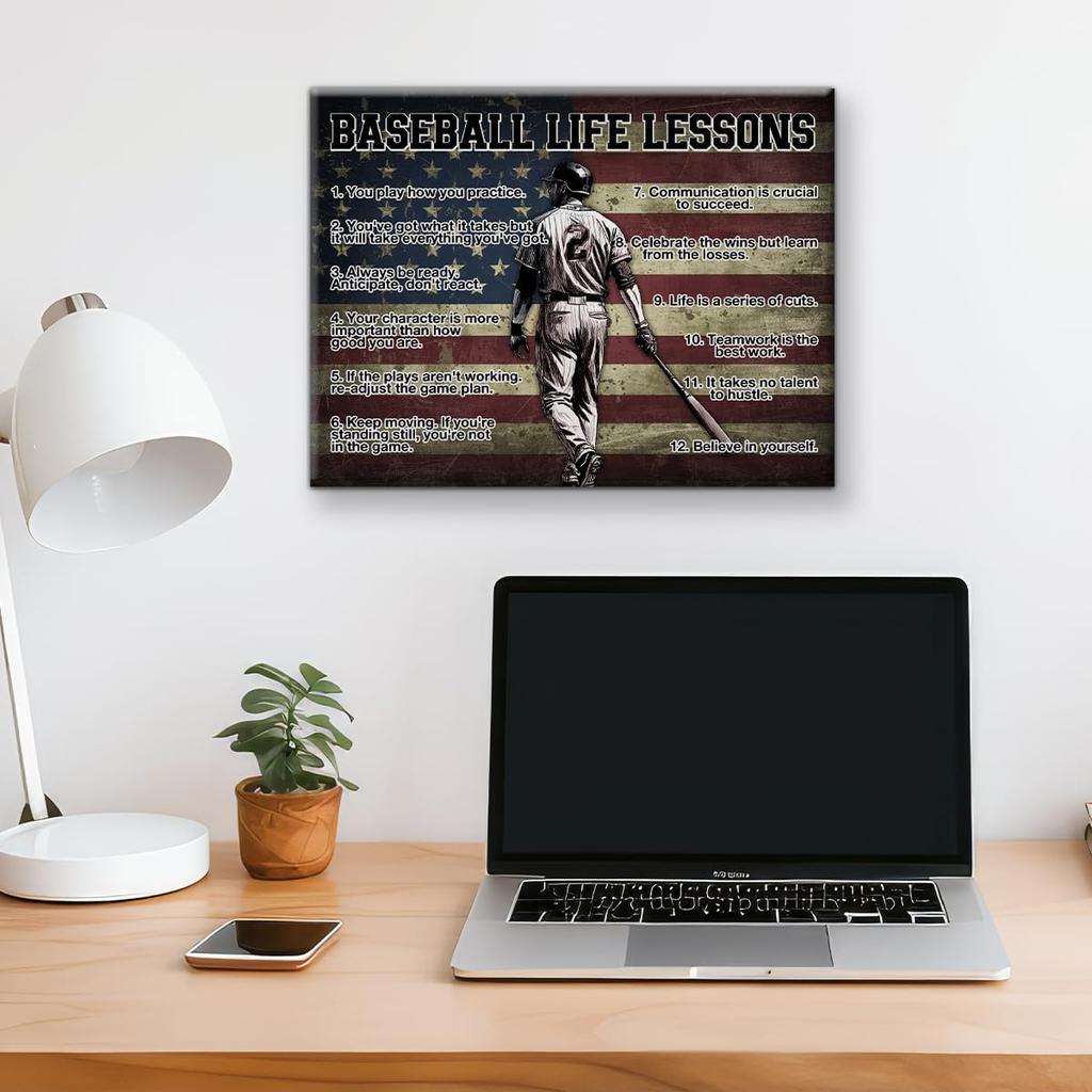 Hijie Baseball Poster Canvas Wall Art for Living Room Bedroom Home Decor, Baseball Life Lessons Motivational Canvas Print Painting 12x15 Inch