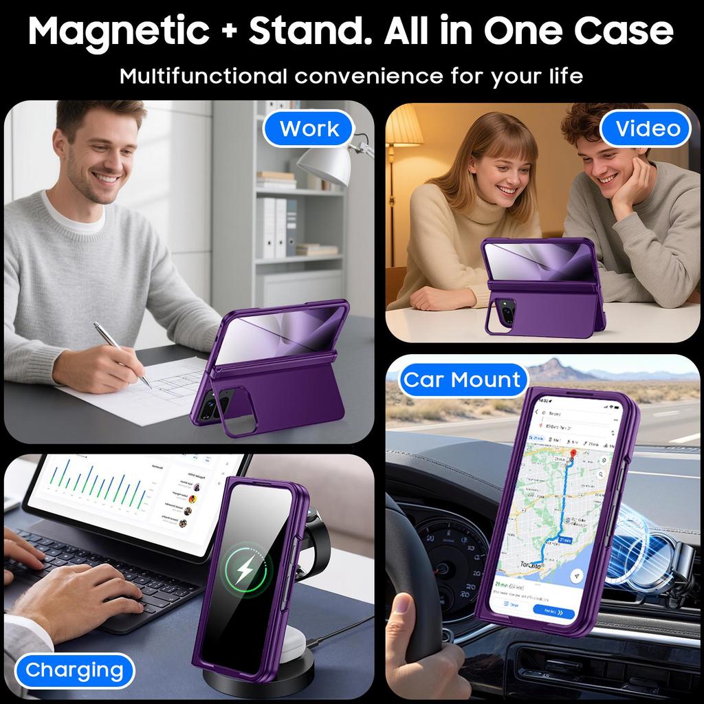 For Google Pixel 10 Pro Fold with Magnetic Power [Hidden Kickstand][Screen Protector][Hinge Protection] Slim Shockproof Protective Phone Case-Purple