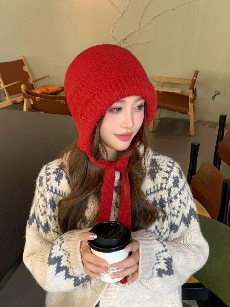 Balaclava Hat Women's Red Autumn and Winter Warm Versatile Face Small Solid Color Knitted Wool Ear Hat