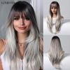 Ombre Dark Brown To Light Grey Long Straight Hair With Bangs Natural Layered Silver Gray Wig for Women Daily Cosplay