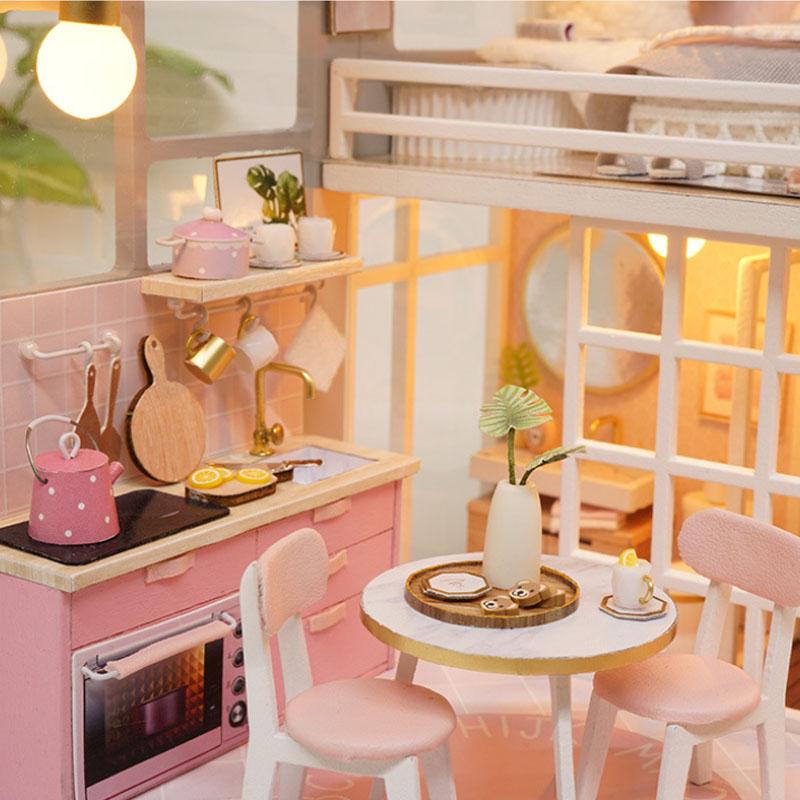Miniature Pink Dream House Dollhouse With Furniture Kits Wooden Dolls House LED Lights Accessories