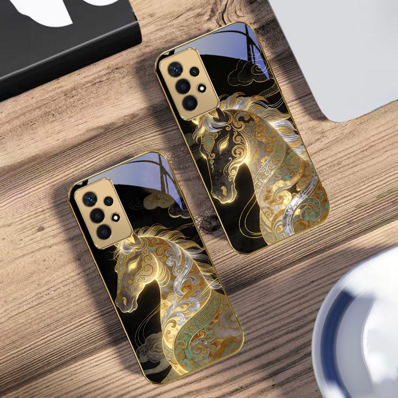 Ruishou Golden Steed Для Samsung A73 A72 A71 A42 A56 A55 A54 A53 A52s A52 A51 A36 A35 A34 A33 A32 A16 14 Золотой стеклянный чехол для телефона