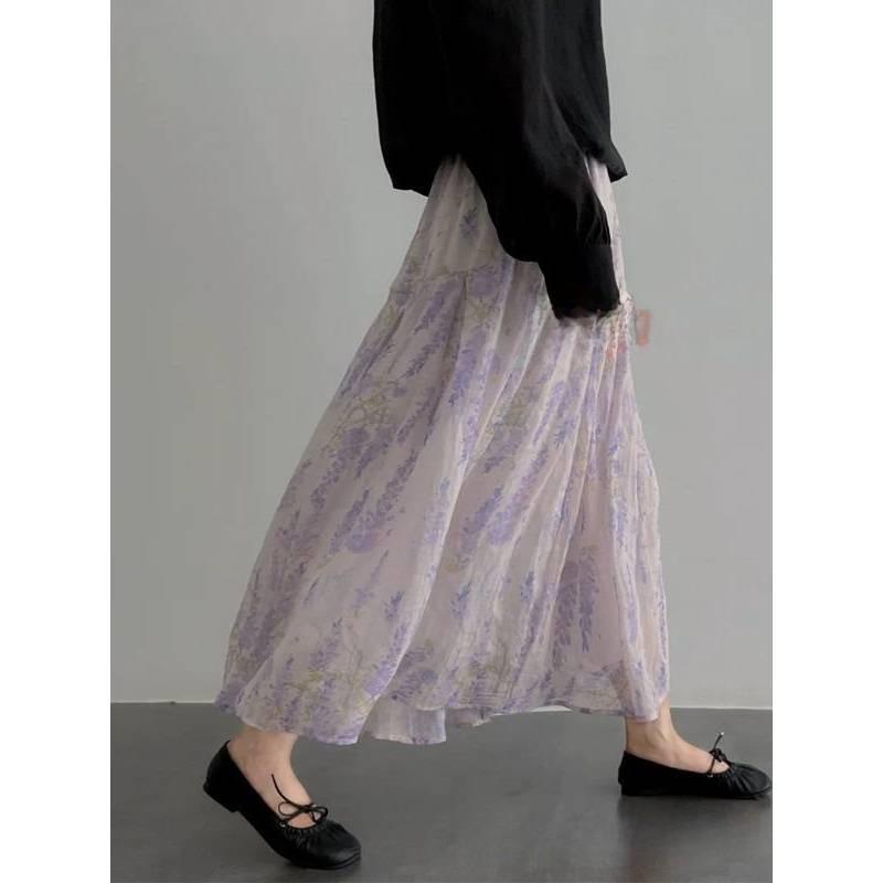 Vintage French Floral Midi Skirt With High Waist For Elegant Summer Wear
