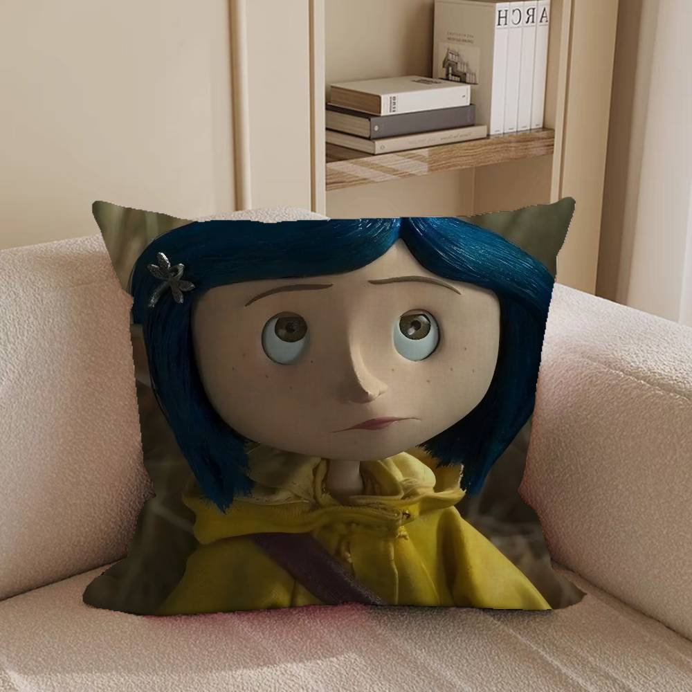 Съемная моющаяся наволочка с изображением Коралин из аниме – мягкий лен, подходит для всех сезонов.