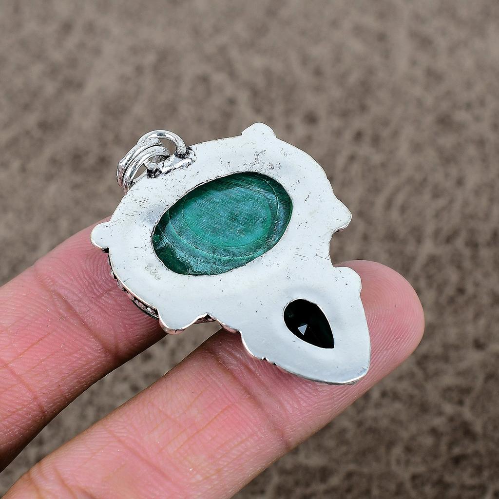 Malachite, Diopside Gemstone 925 Sterling Silver Jewelry Pendant 2.05" KKG-338