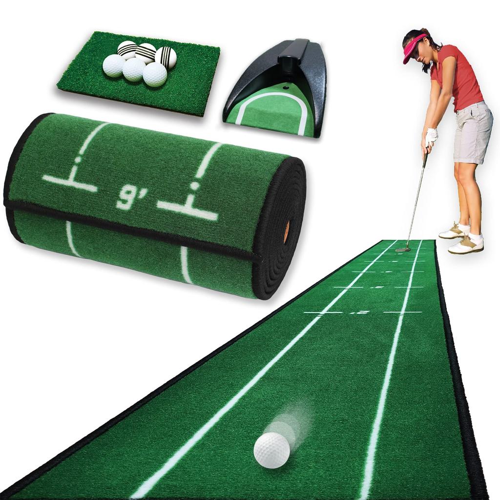 Putter Mat Set Your Putter Practice Mat Golf Putter Cup Automatic Return Ball SEAVER GOLF 9-piece [Practice Approach]