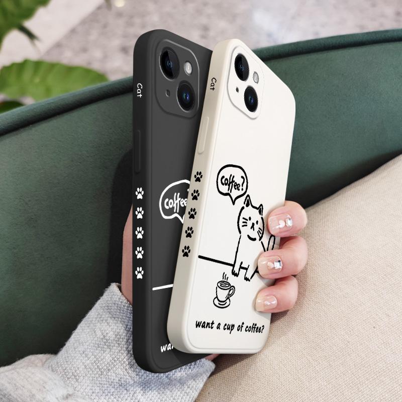 Чехол для телефона Line Coffee Cat для iPhone 16 15 14 13 12 11 X XR XS Plus Pro Max Mini Силиконовый чехол