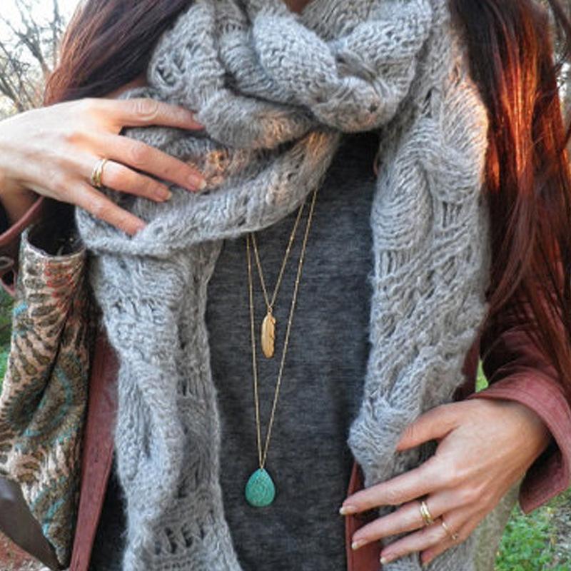 Женское многослойное ожерелье с подвеской в ​​стиле бохо из бирюзового пера, цепочка на свитер, подарок