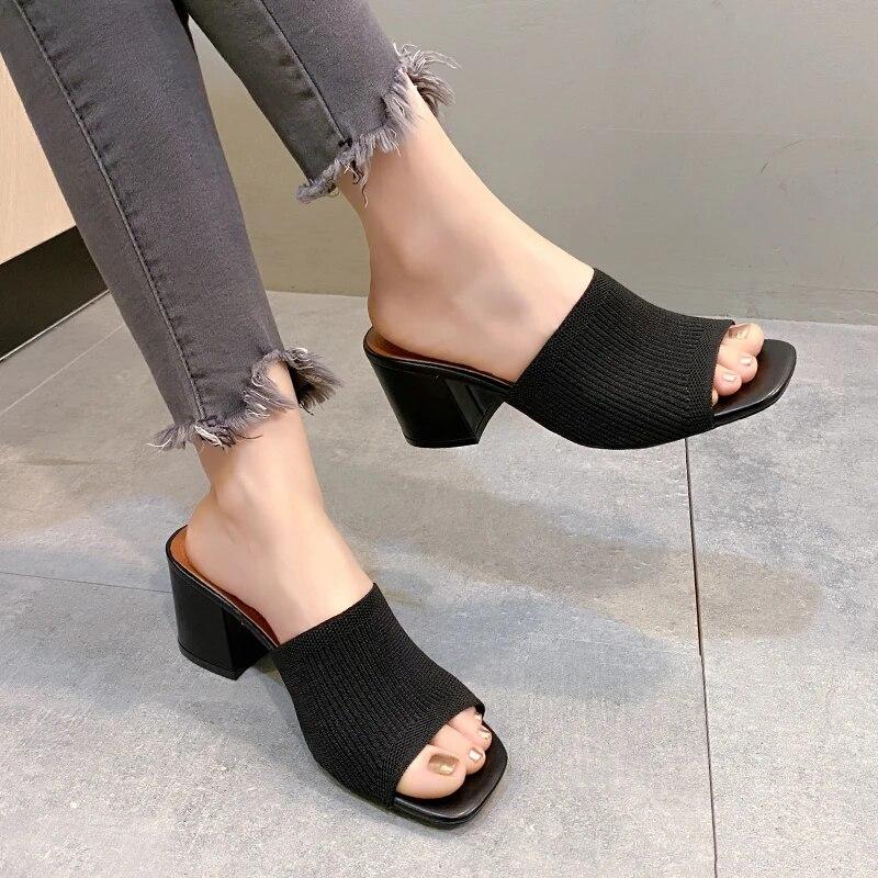 Женские тапочки, летние пикантные модельные туфли на треугольном толстом каблуке с квадратным носком, вечерние туфли на высоком каблуке, вязаные повседневные туфли-лодочки, размер 35-41