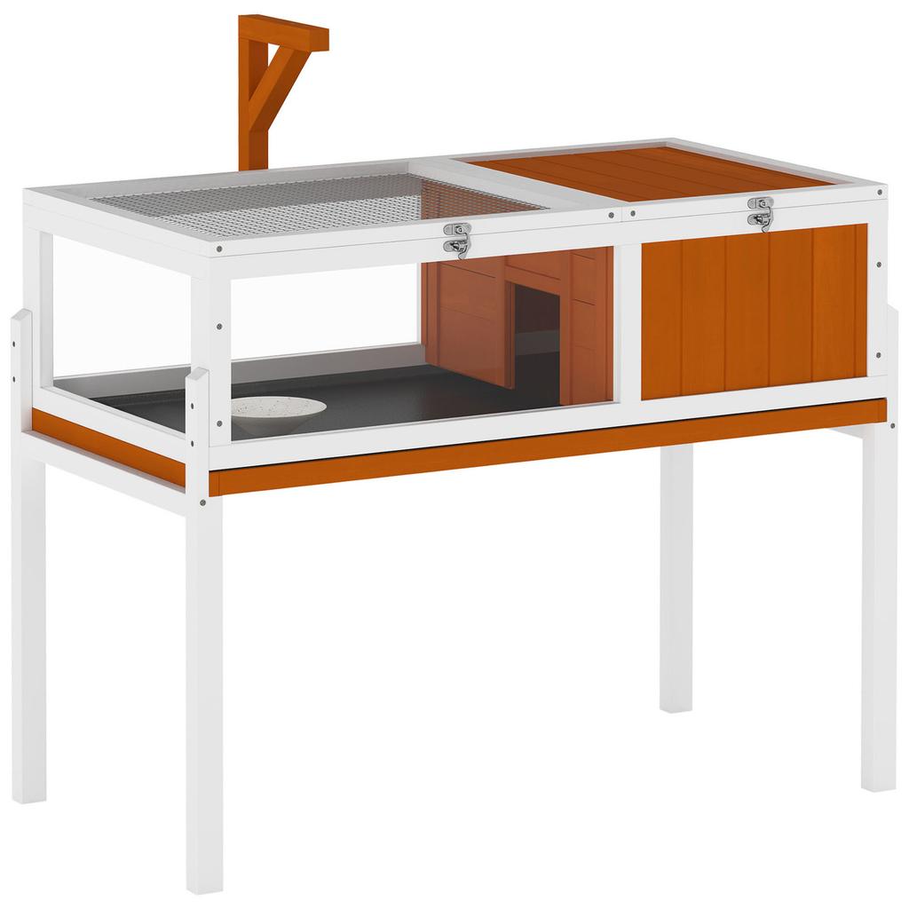 Wooden Tortoise House Tortoise Enclosure with Main House, Viewing Window, Lid, 104cm x 53cm x 82cm, White+Orange