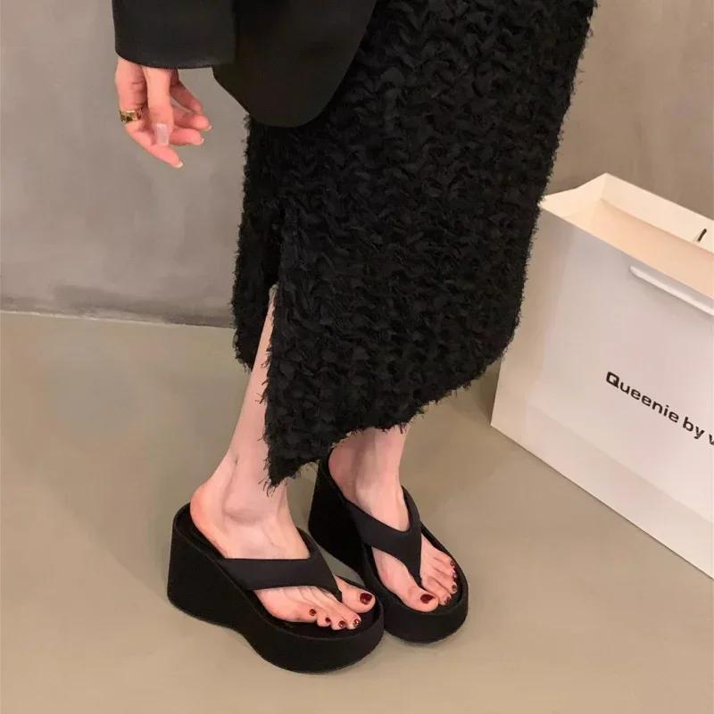Women Wedge Clip Toe Flip Flops Summer Fashion Chunky Platform Beach Sandals Ladies Thick Sole High Heeled Slippers Slides