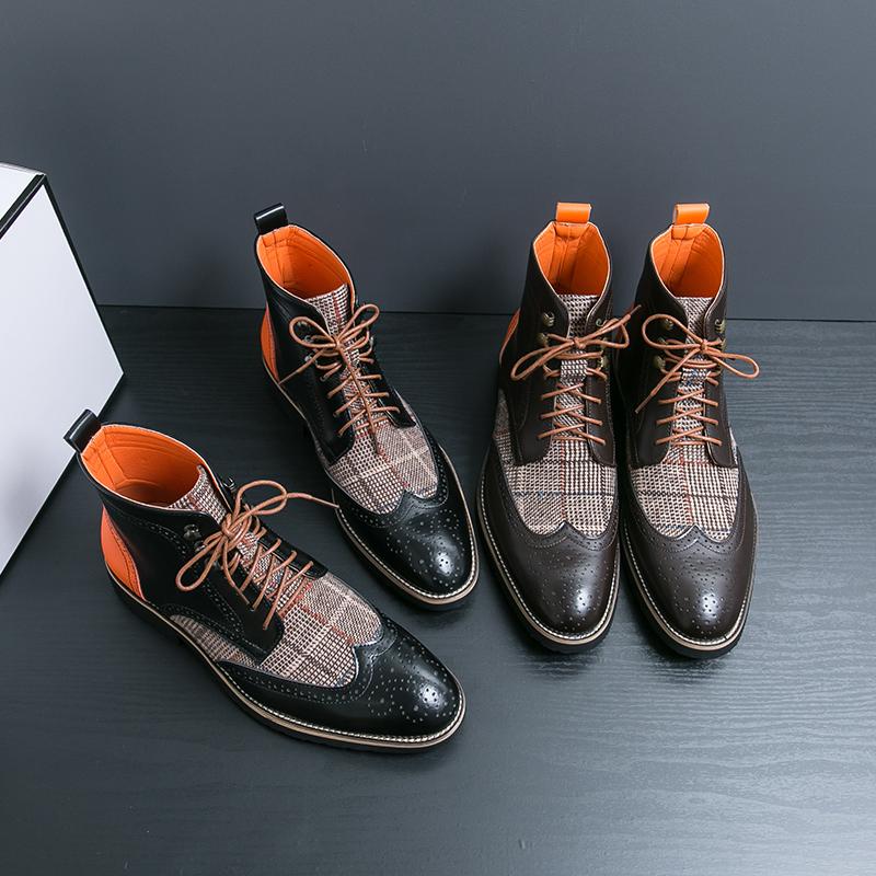 Мужские броги Мотоциклетные повседневные ботильоны с клетчатой ​​строчкой Индивидуальные демисезонные ботинки Платье с крылышками Формальный кожаный смокинг Свадебная обувь