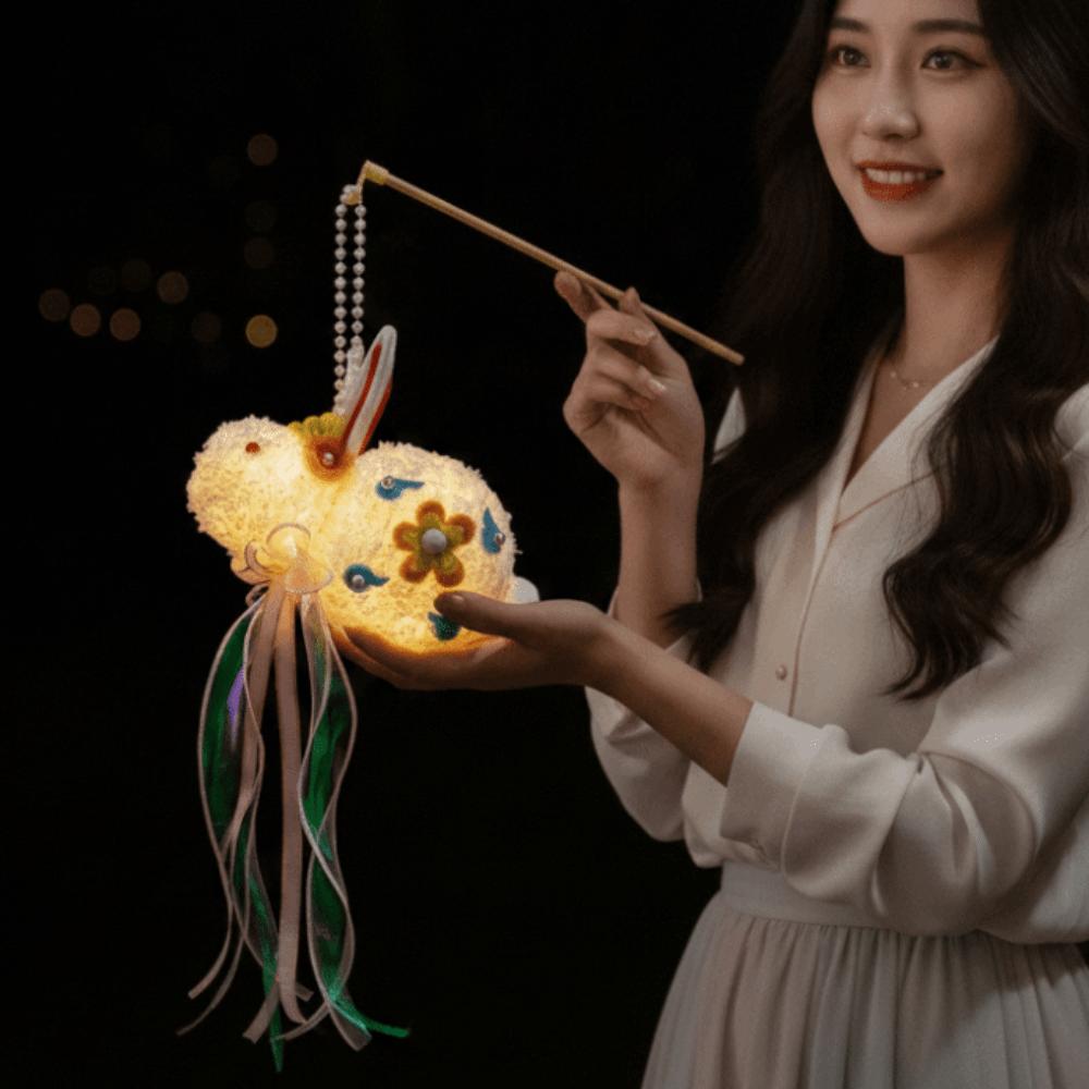 Luminous Rabbit Lantern Handmade Mid-Autumn Lantern Retro Light Plush Bunny Lamp  Children Gift