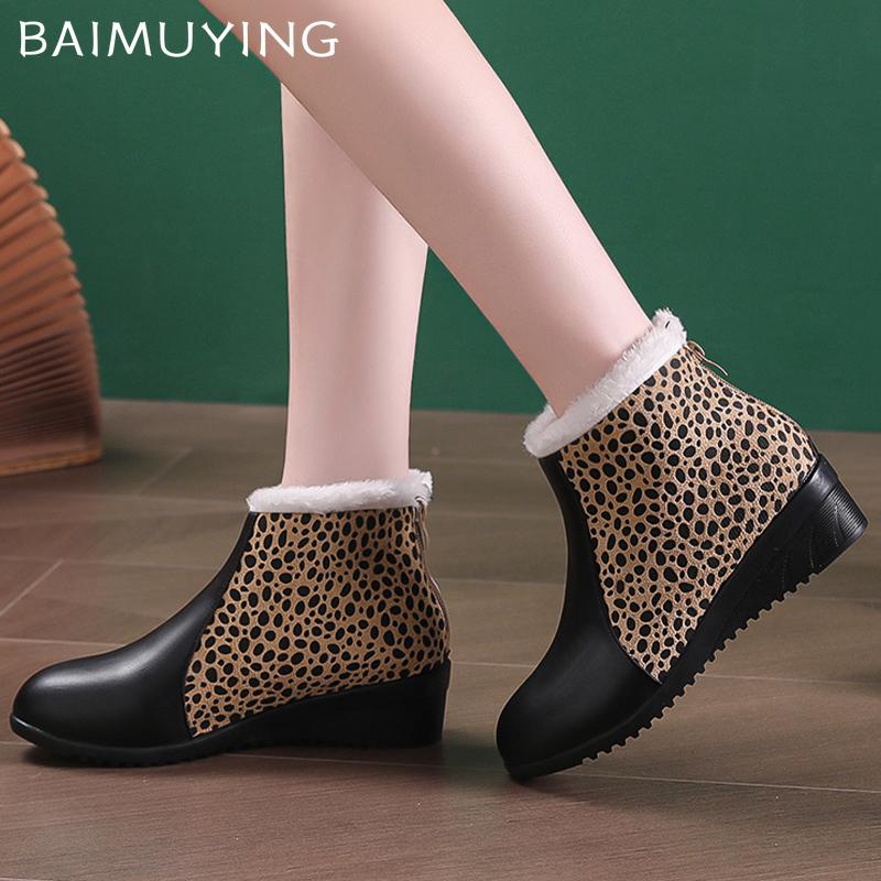 Кожаные женские зимние ботильоны на танкетке короткие плюшевые дизайнерские туфли на среднем каблуке из хлопка 2025 года, повседневные теплые зимние ботинки Botas De Mujer