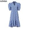 VONDA Женские винтажные платья с воротником-стойкой и коротким рукавом в клетку и оборками по подолу